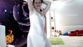 Beautiful Redhead Dance Tease In Satin White Dress With Transparent Panties